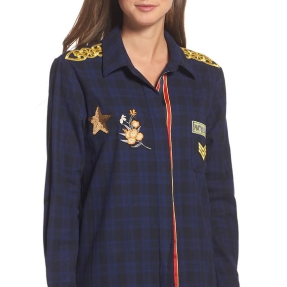 Sam Edelman Navy Plaid Shirt Blue Embroidered - Picture 5 of 5